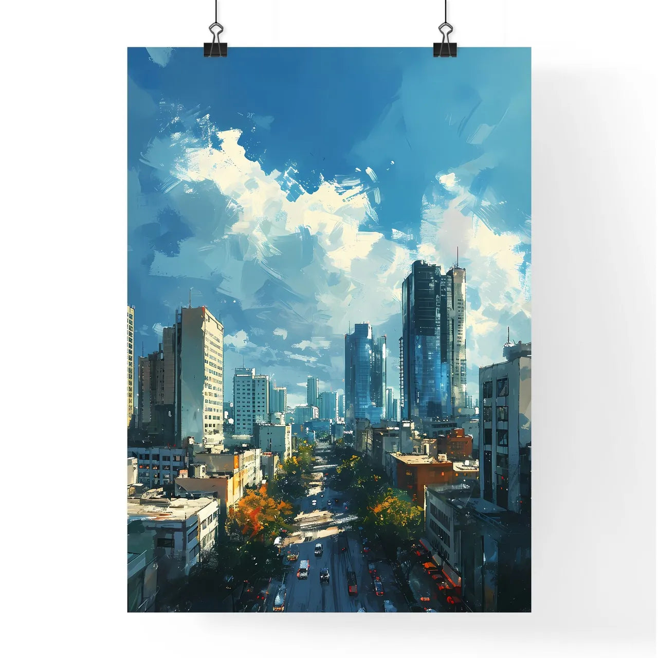 A Poster of Miami Skyline - A City With Tall Buildings And Trees Poster