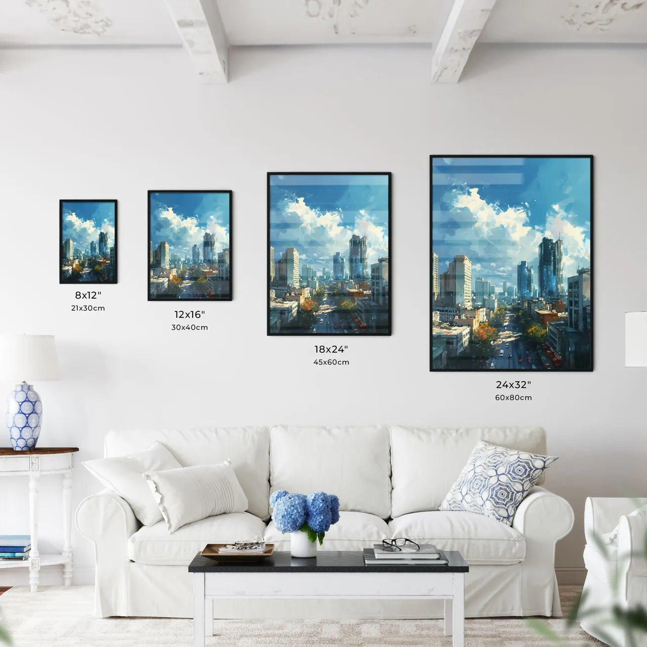 A Poster of Miami Skyline - A City With Tall Buildings And Trees Size Chart