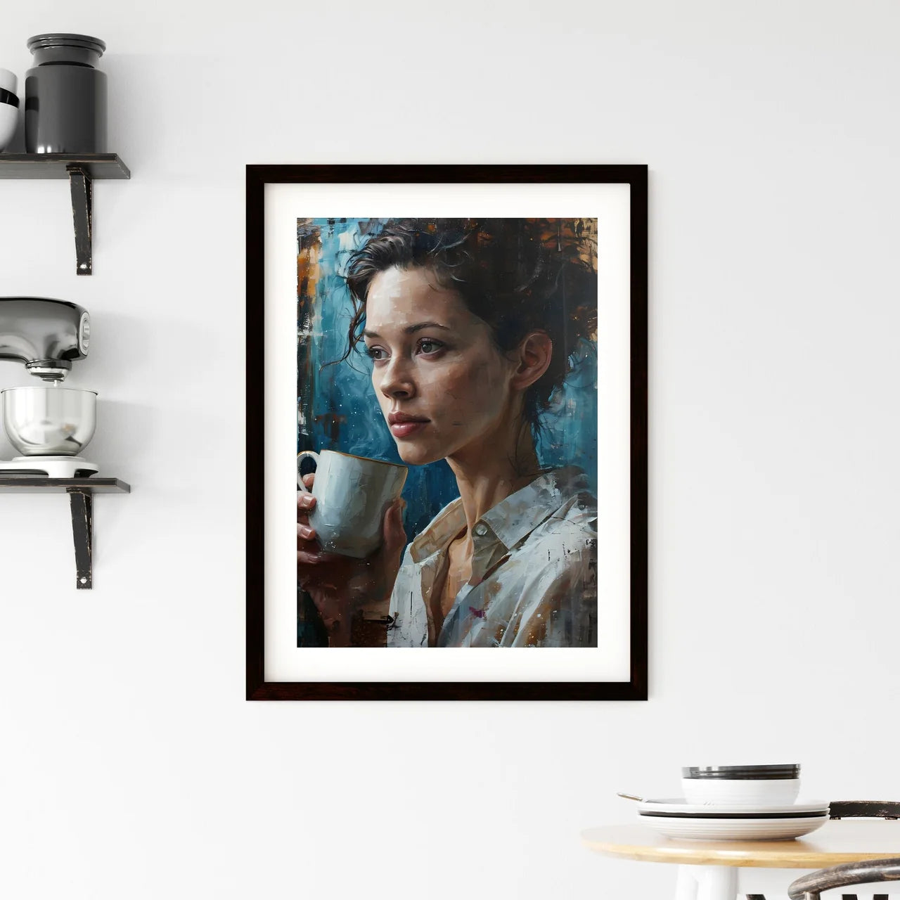 A Poster of A beautiful woman is drinking co Framed Print