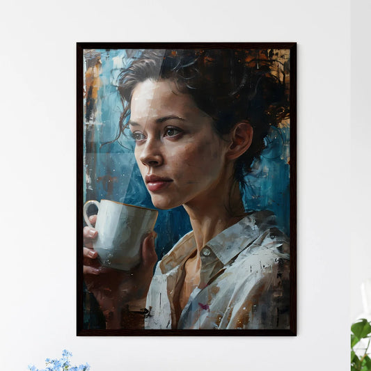 A Poster of A beautiful woman is drinking co - Framed Art Print