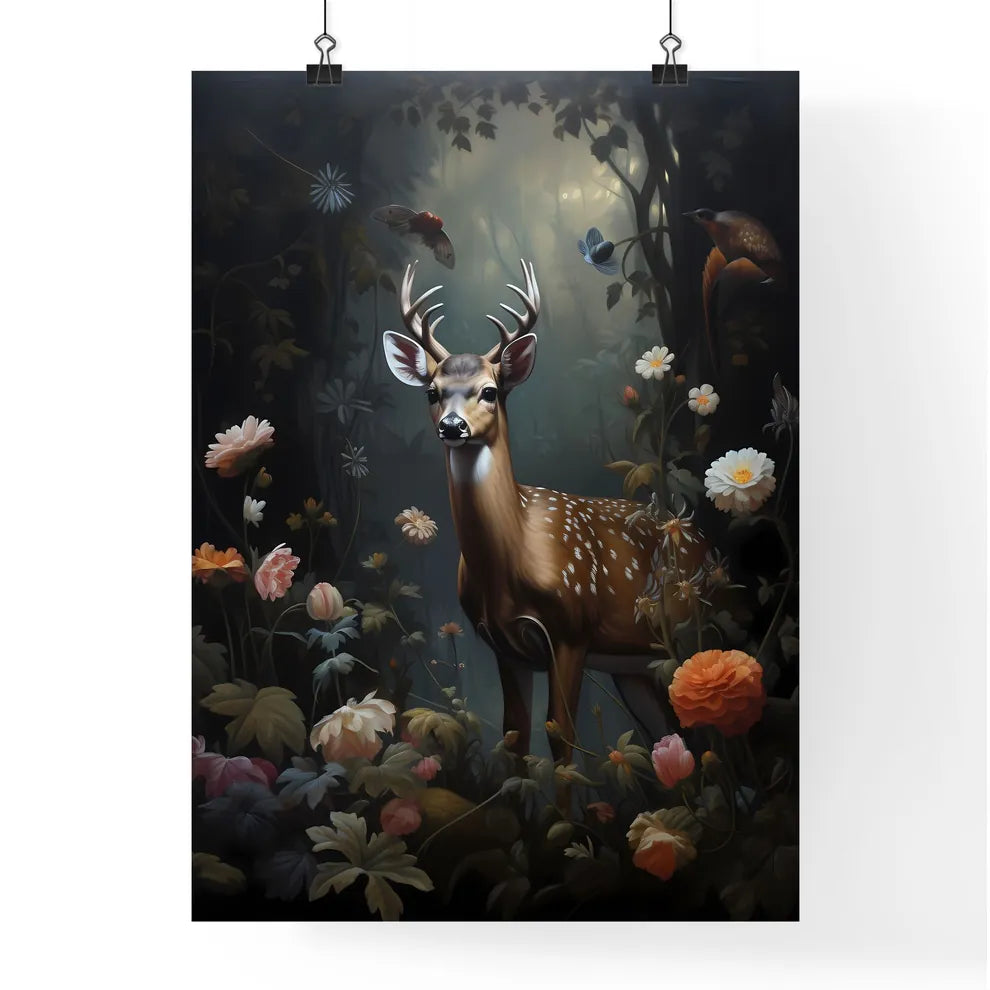 A Poster of a painting of a deer standing in the forest  Poster