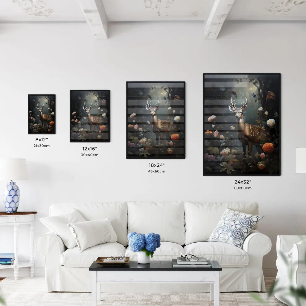 A Poster of a painting of a deer standing in the forest  Size Chart