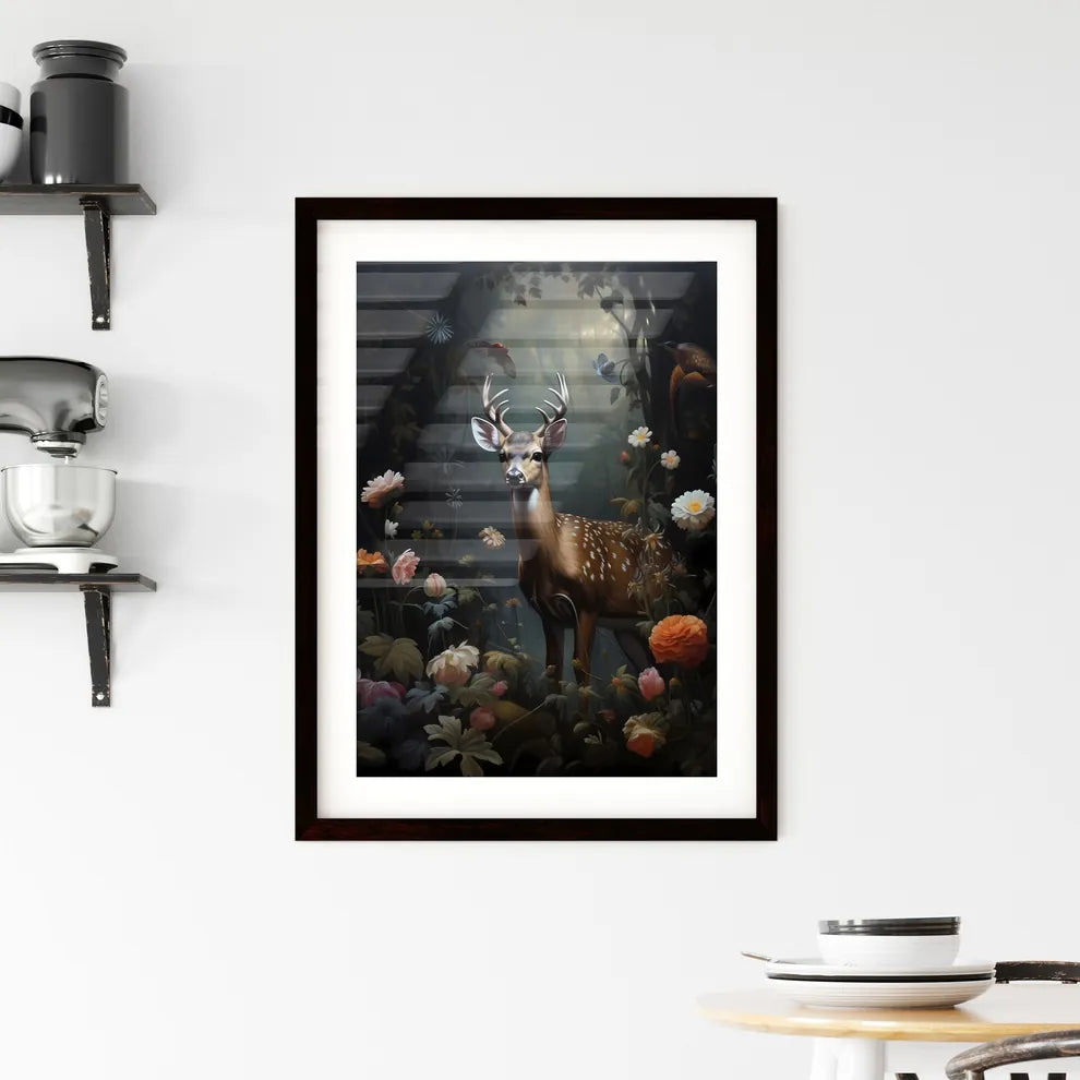 A Poster of a painting of a deer standing in the forest  Framed Print