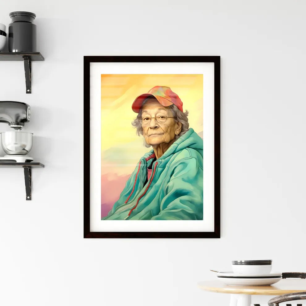 A Poster of Woman in her 70s wearing a styli Framed Print