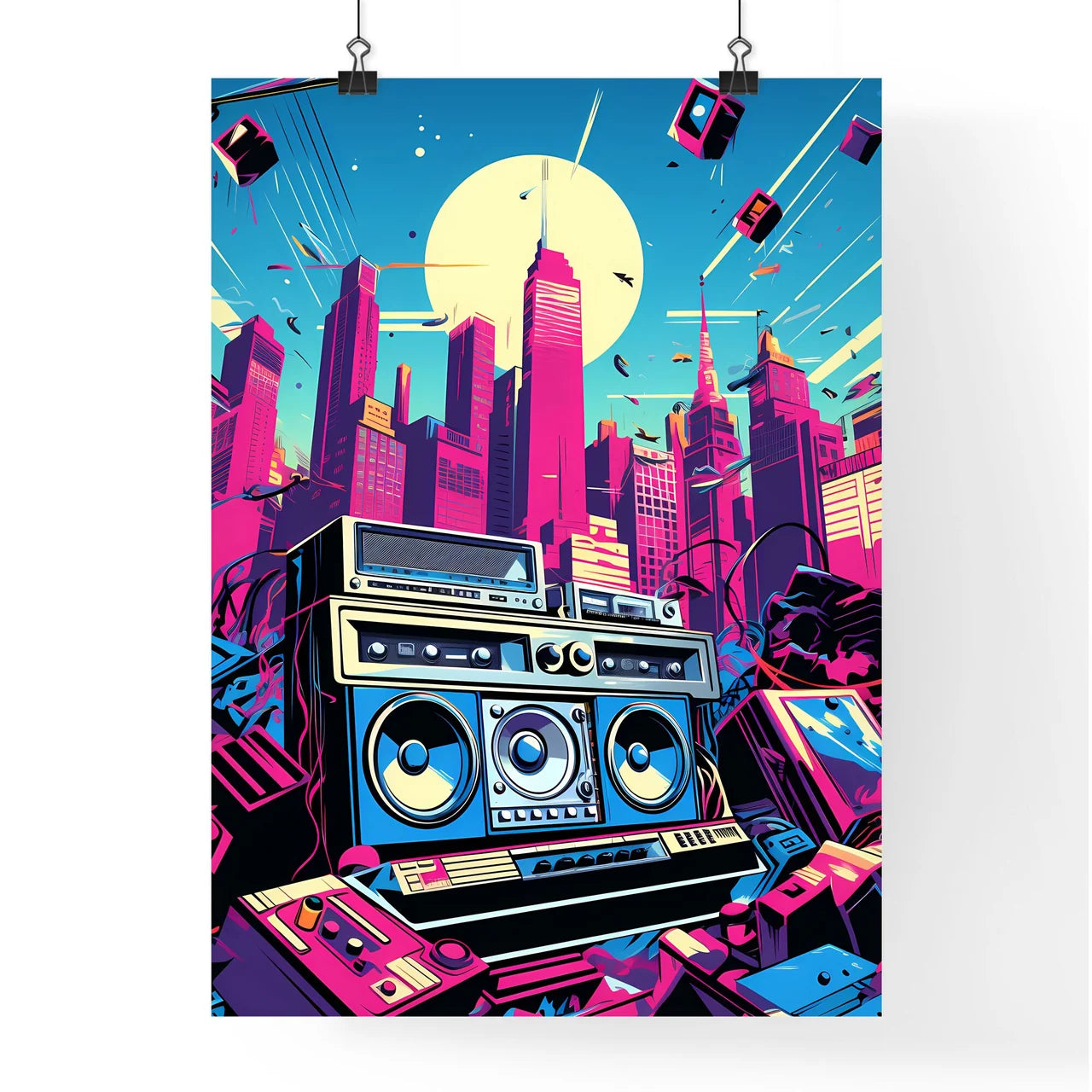 A Poster of an illustration of 80s rap song - A Large Boom Box In A City Poster