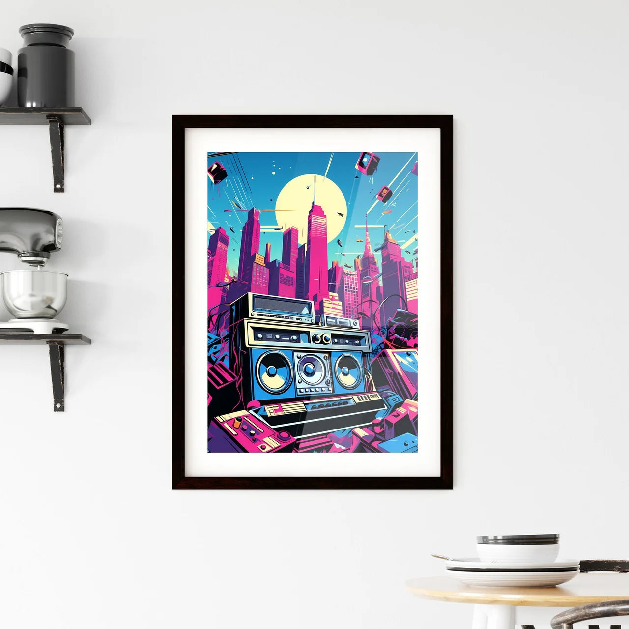 A Poster of an illustration of 80s rap song - A Large Boom Box In A City Custom Print