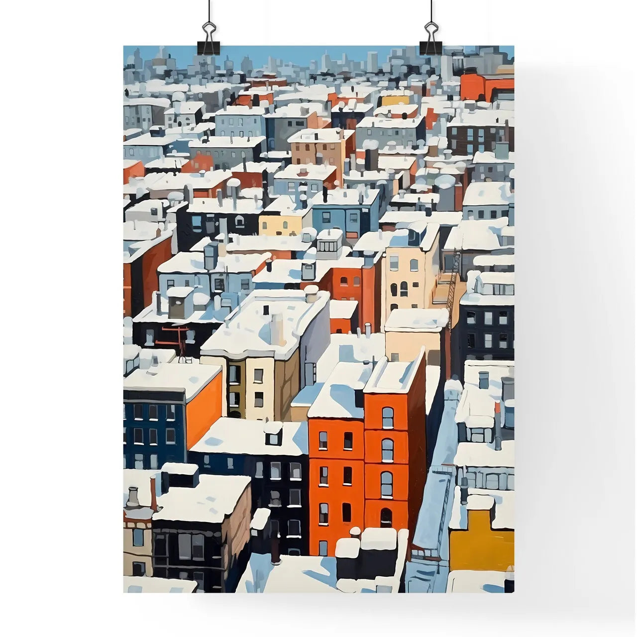 A Poster of snowy new york city roofs seen from above - A Group Of Buildings Covered In Snow Poster