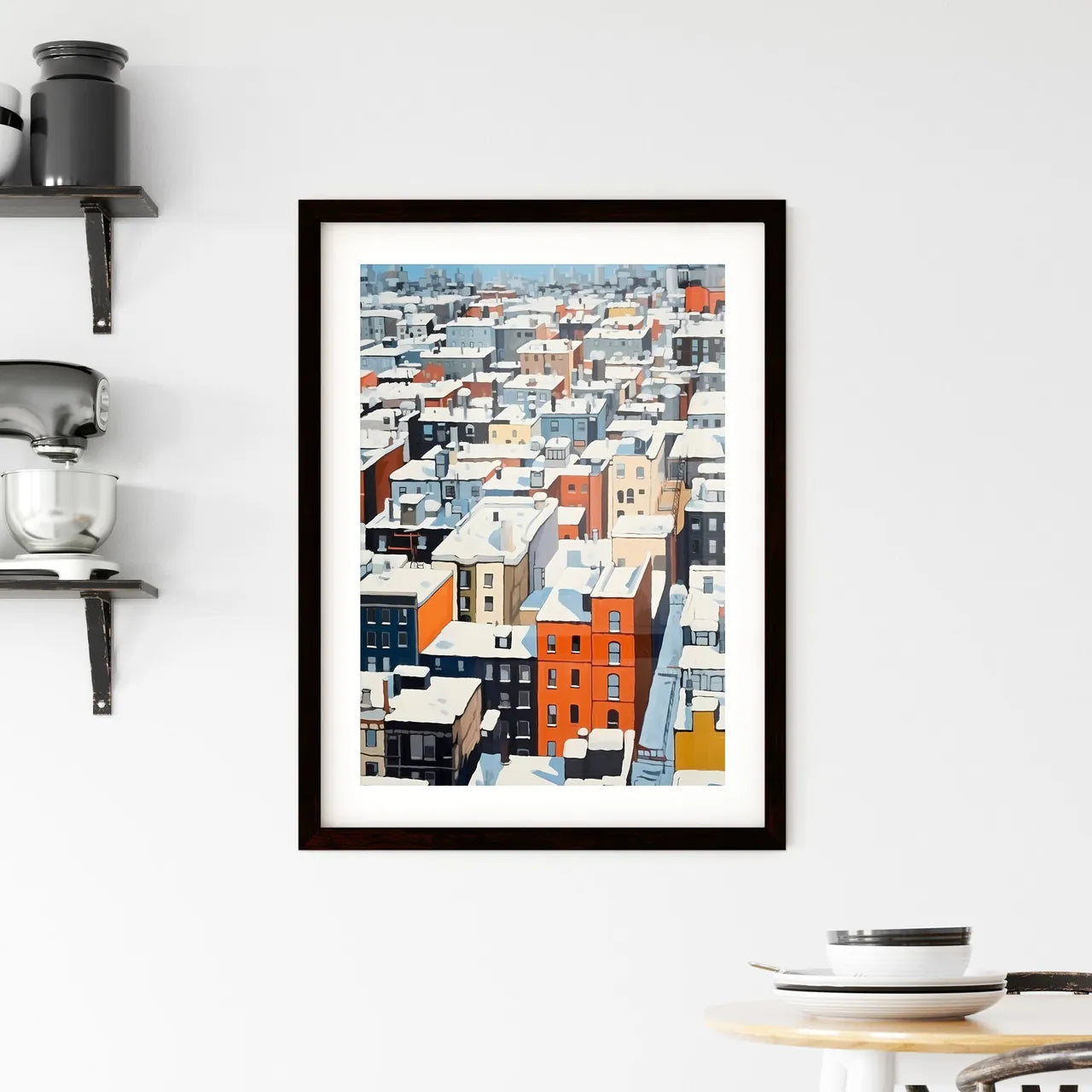 A Poster of snowy new york city roofs seen from above - A Group Of Buildings Covered In Snow Custom Print