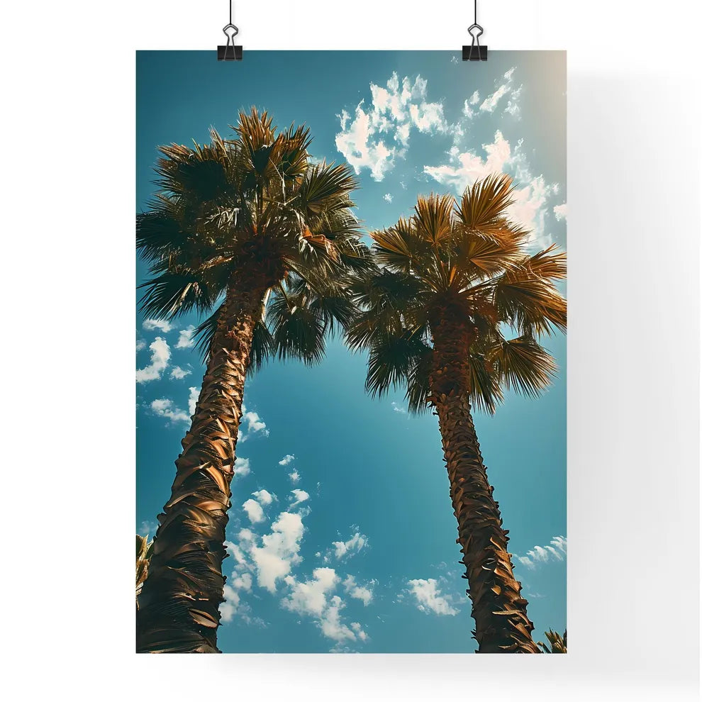 A Poster of two palm trees amidst a blue - A Poster