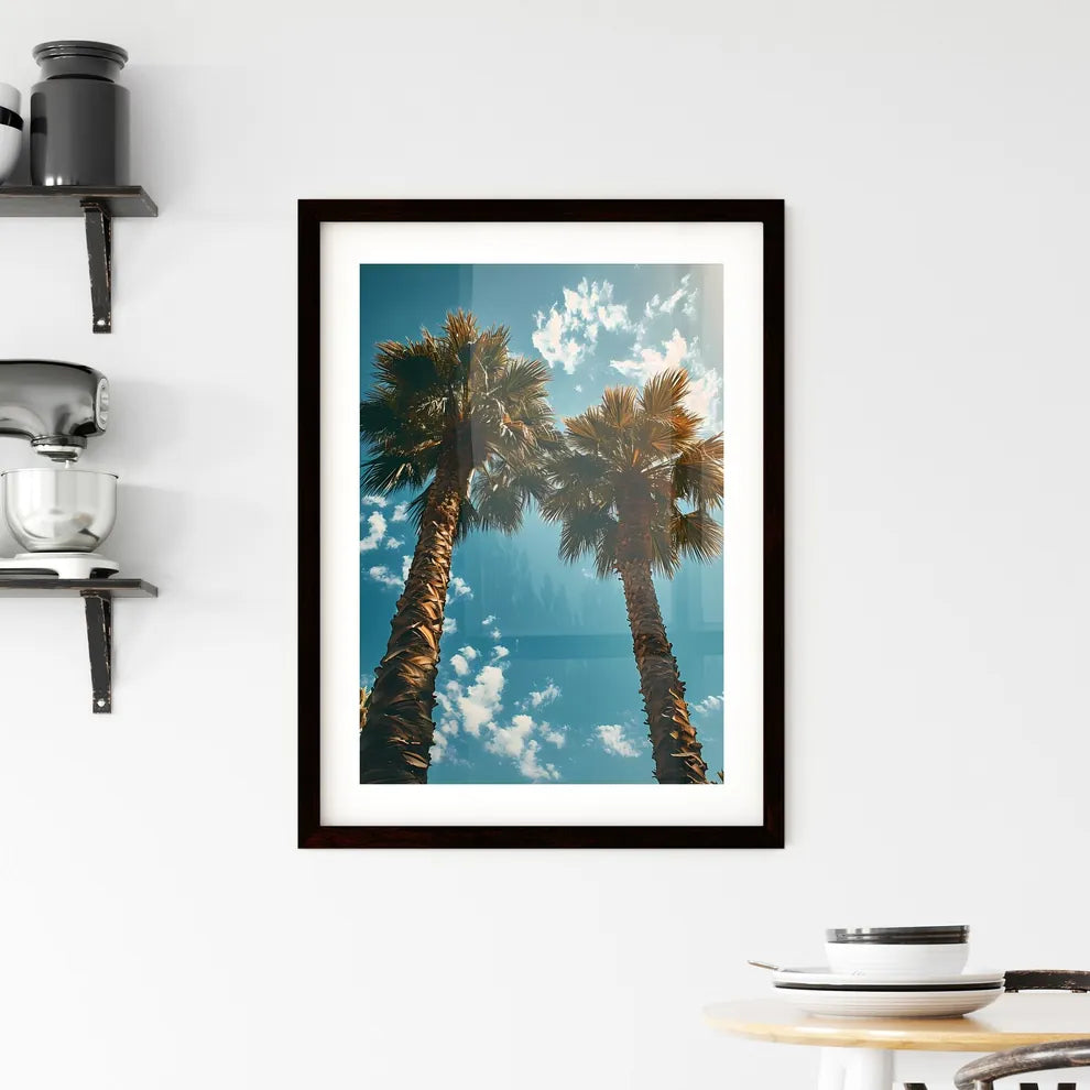 A Poster of two palm trees amidst a blue - A Framed Print