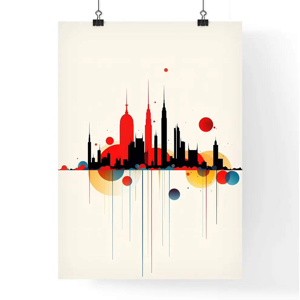 A Poster of minimalist Barcelona skyline - A Colorful City Skyline With Red And Blue Circles Poster