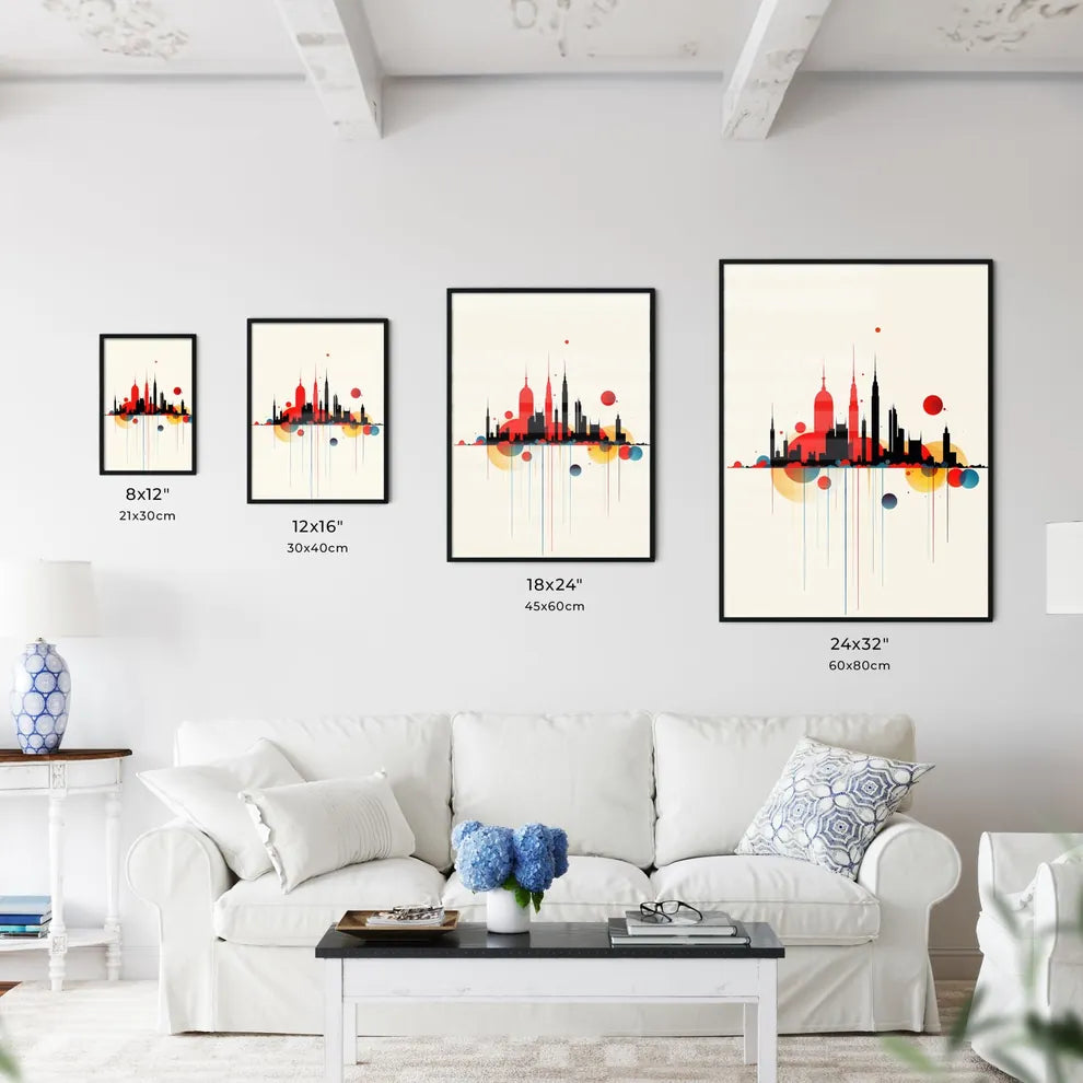 A Poster of minimalist Barcelona skyline - A Colorful City Skyline With Red And Blue Circles Size Chart