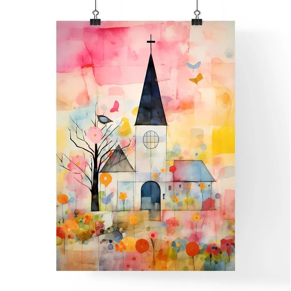 A Poster of the easter church painting - A Painting Of A Church With Flowers And Trees Poster