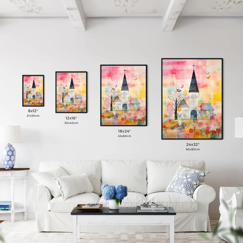 A Poster of the easter church painting - A Painting Of A Church With Flowers And Trees Size Chart