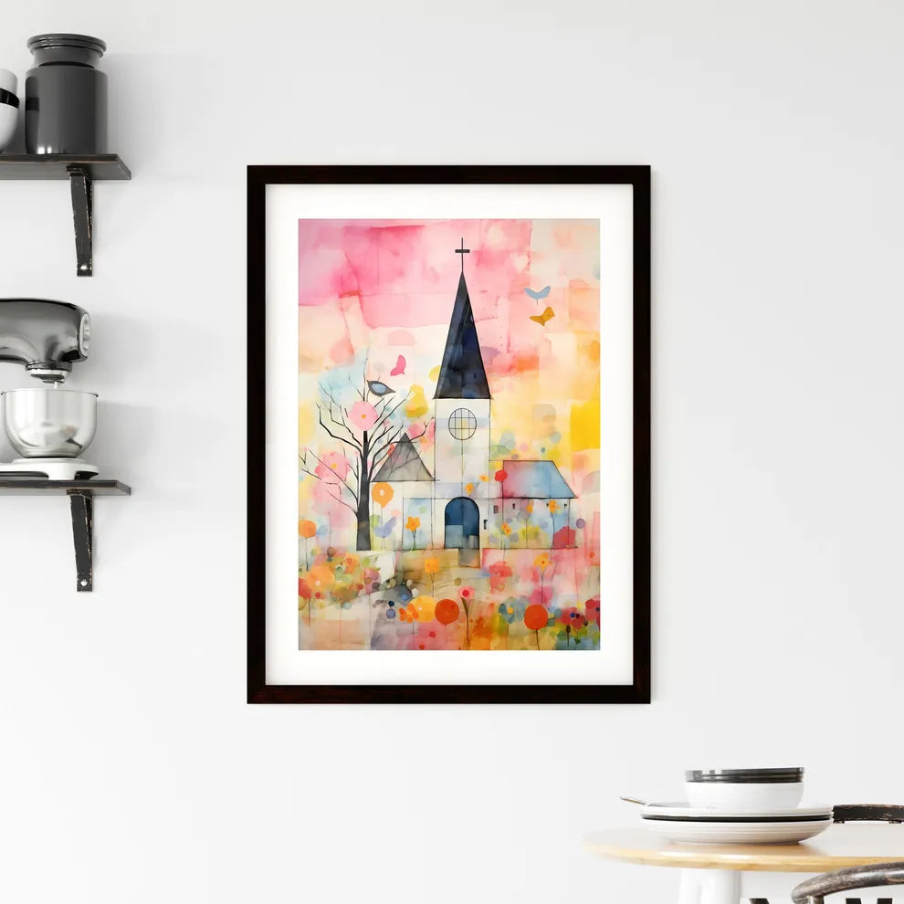 A Poster of the easter church painting - A Painting Of A Church With Flowers And Trees Custom Print