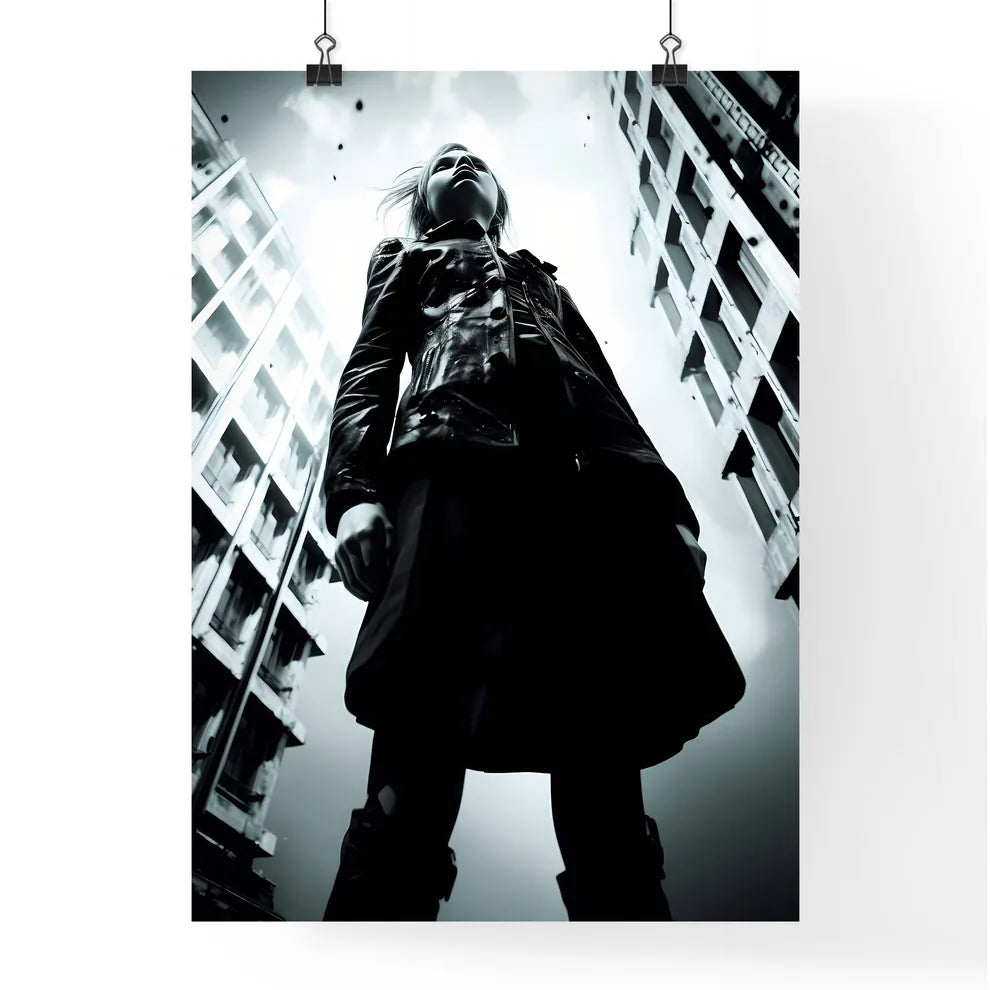 A Poster of girl model shooting low angle shot - A Woman Standing In Front Of Tall Buildings Poster