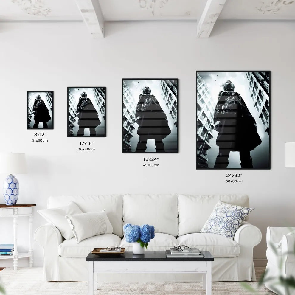 A Poster of girl model shooting low angle shot - A Woman Standing In Front Of Tall Buildings Size Chart