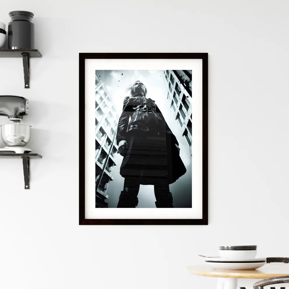 A Poster of girl model shooting low angle shot - A Woman Standing In Front Of Tall Buildings Custom Print