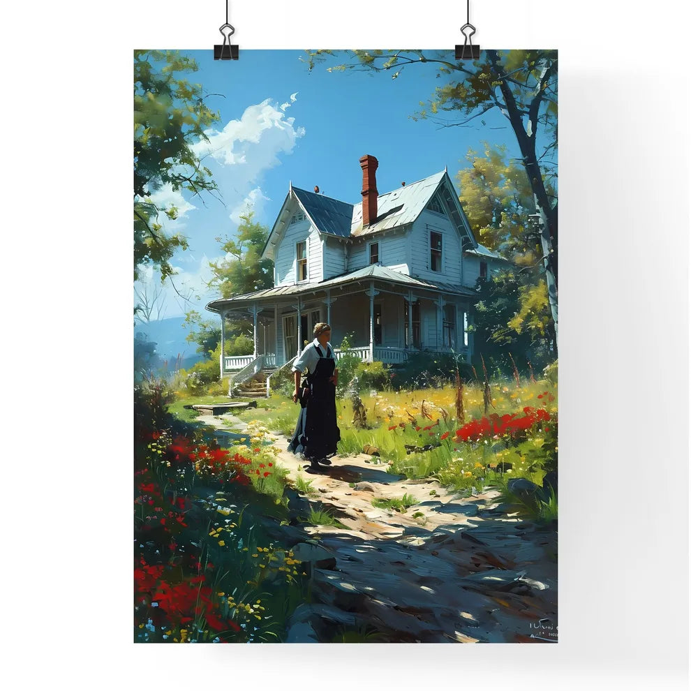 A Poster of beautiful lady homeowner in 1945 - A Woman Walking On A Path In Front Of A House Poster