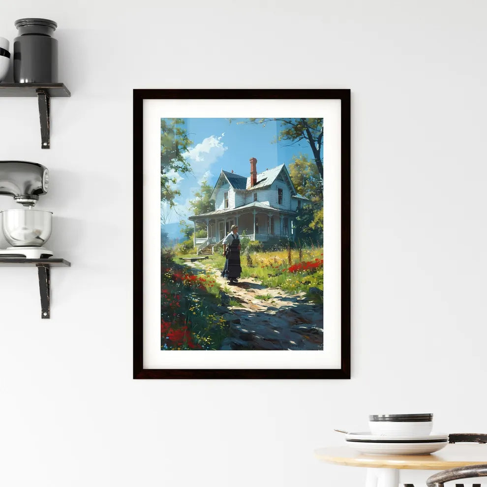 A Poster of beautiful lady homeowner in 1945 - A Woman Walking On A Path In Front Of A House Custom Print