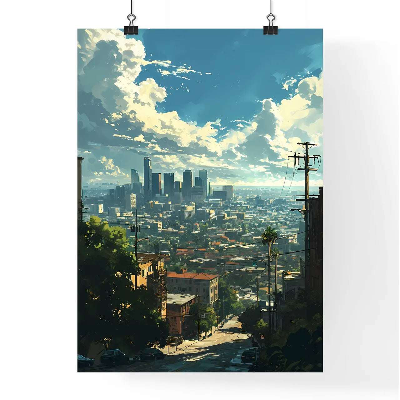 A Poster of Hollywood California Skyline - A City With Trees And Power Lines Poster