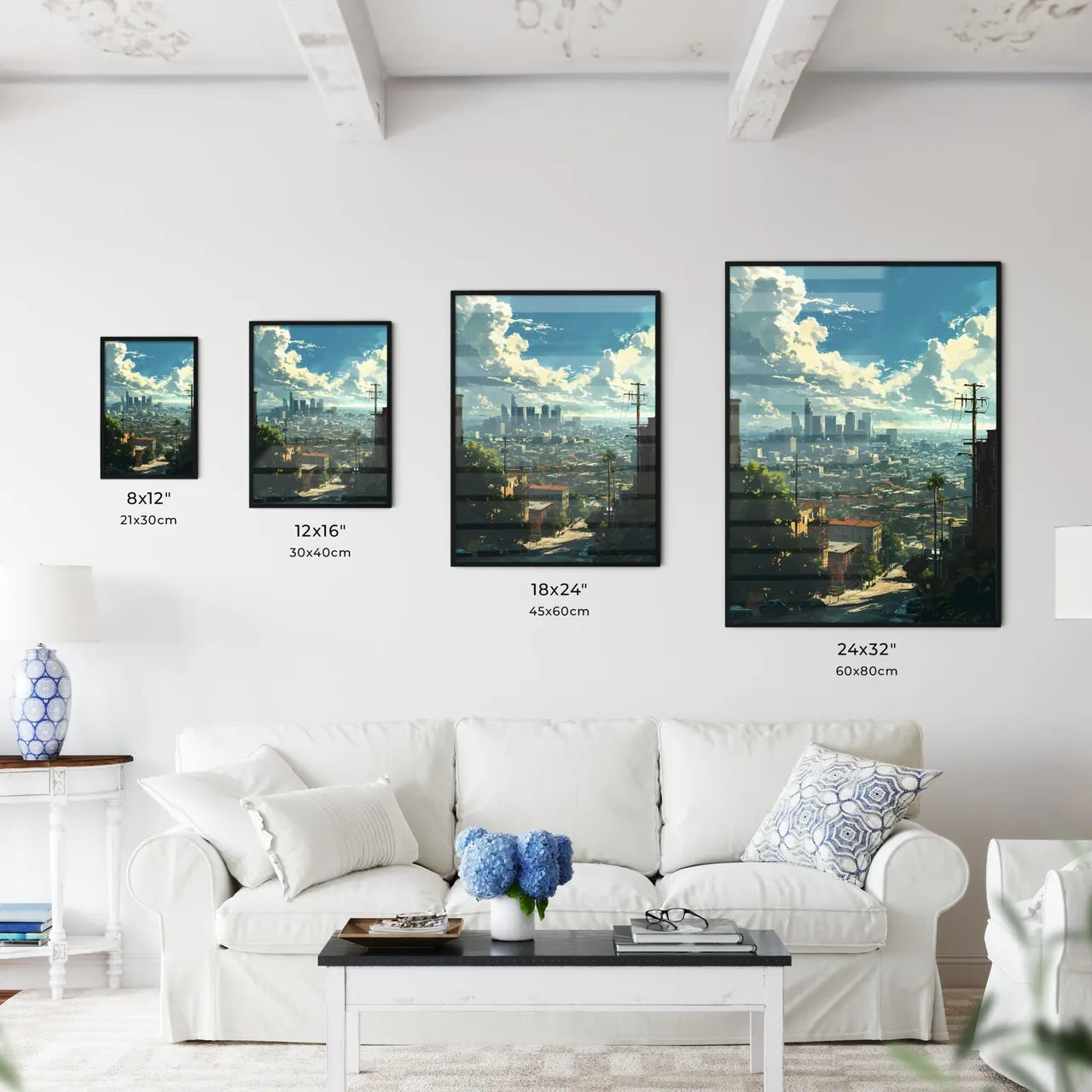A Poster of Hollywood California Skyline - A City With Trees And Power Lines Size Chart