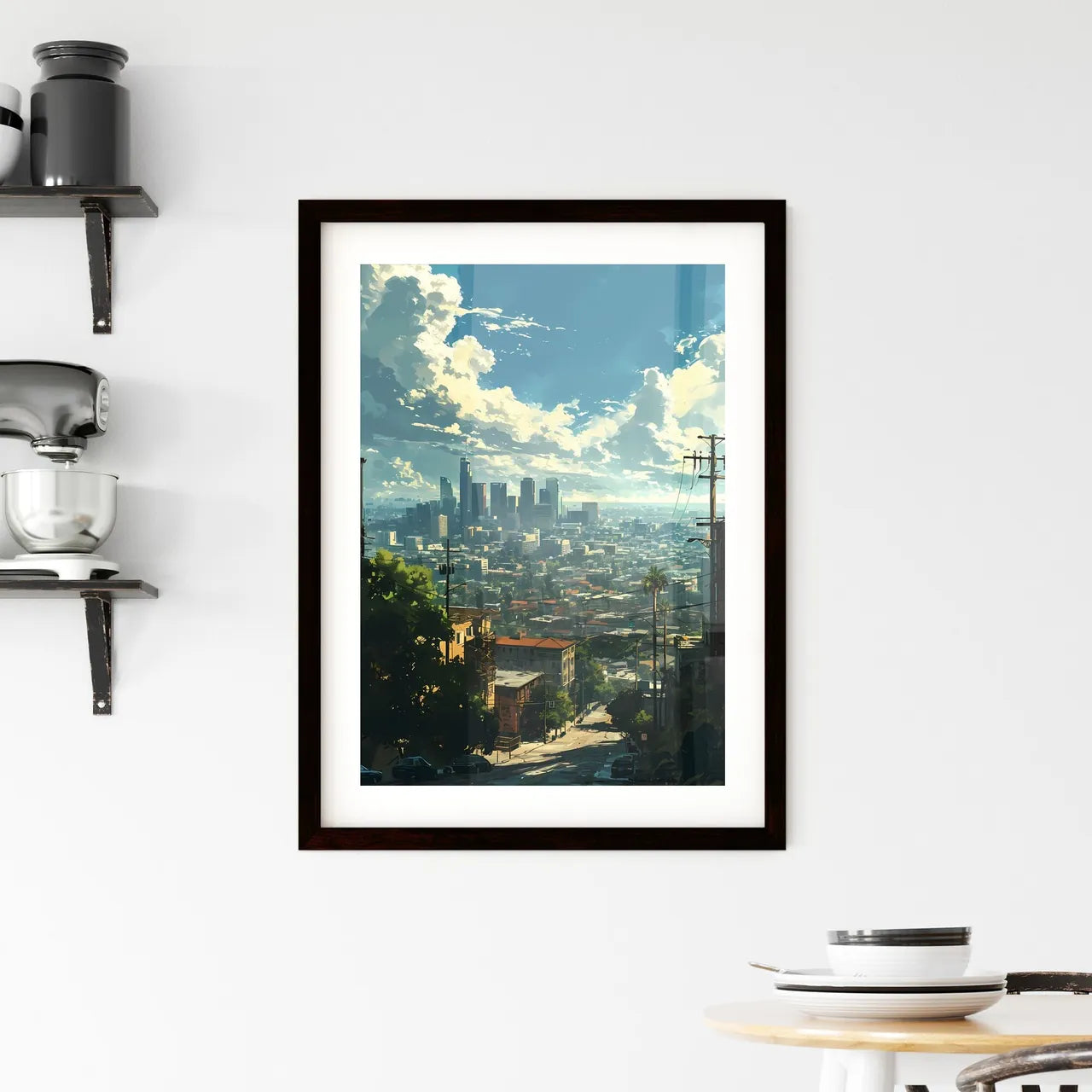 A Poster of Hollywood California Skyline - A City With Trees And Power Lines Custom Print