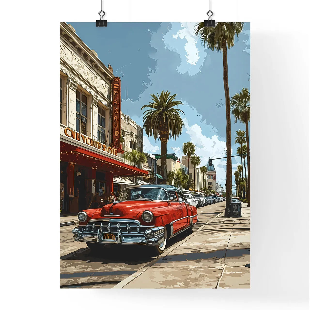 A Poster of Hollywood California Skyline - A Red Car Parked On A Street Poster