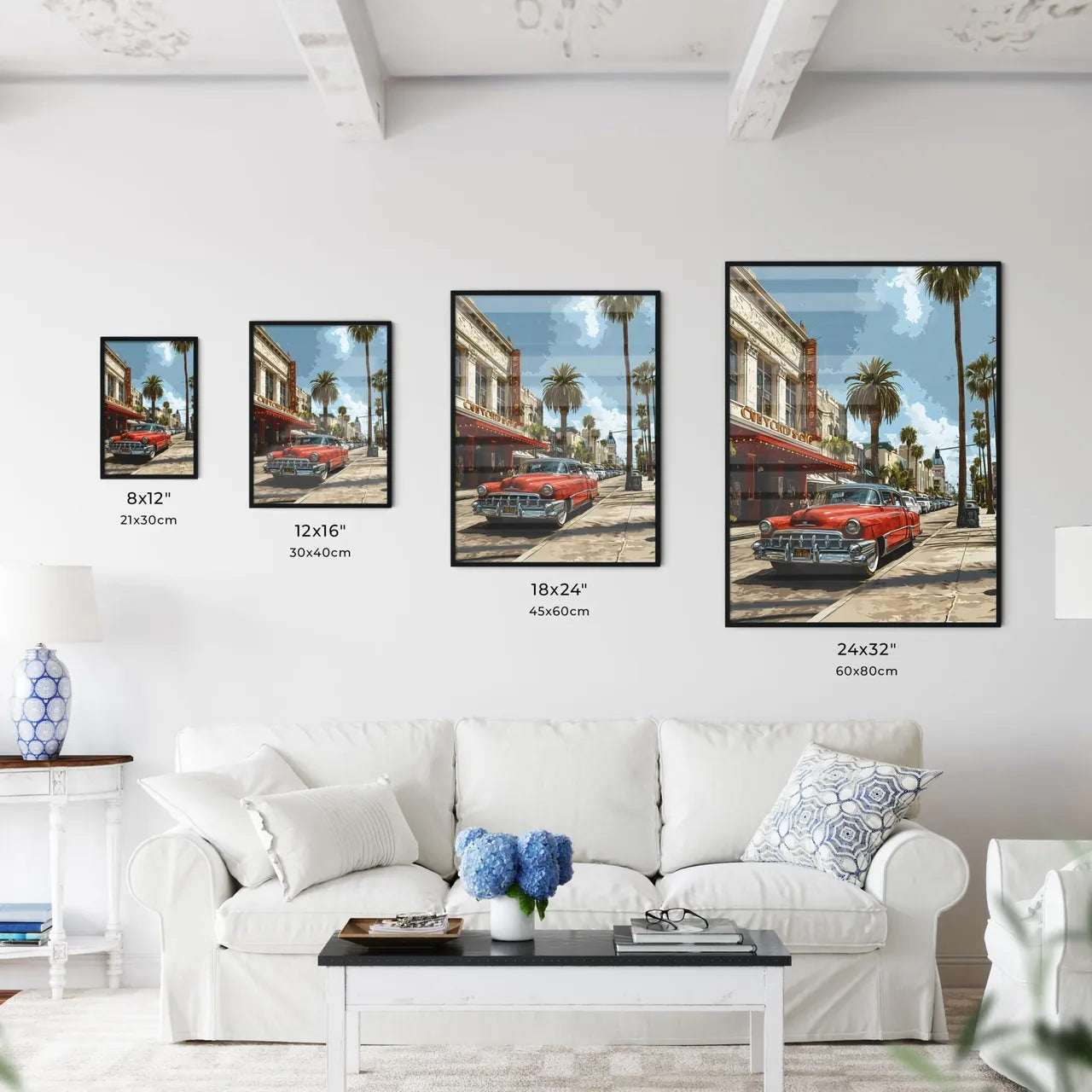 A Poster of Hollywood California Skyline - A Red Car Parked On A Street Size Chart
