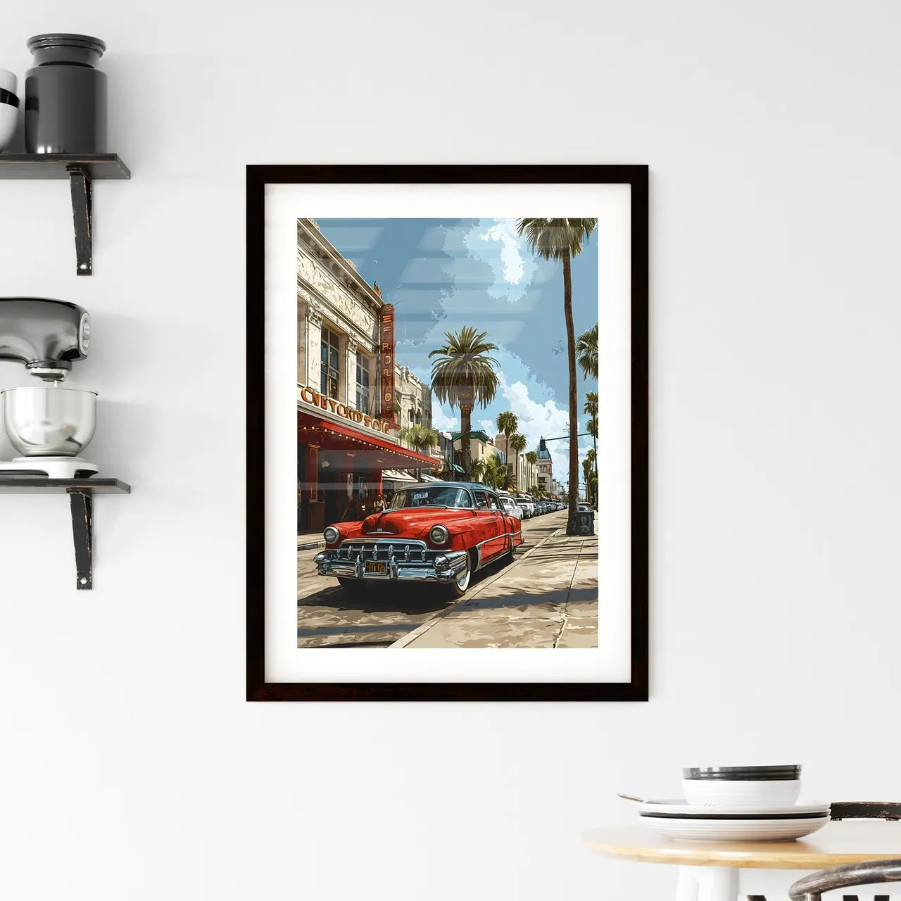A Poster of Hollywood California Skyline - A Red Car Parked On A Street Custom Print