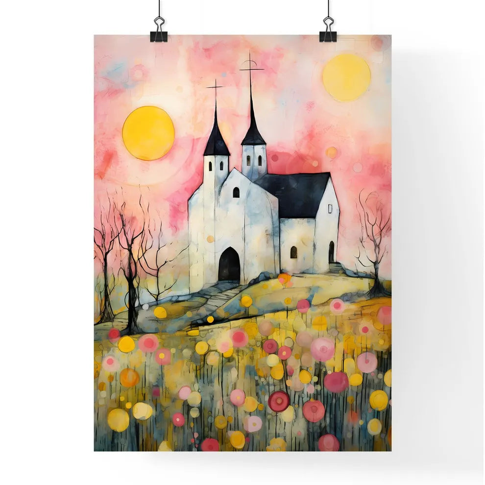 A Poster of the easter church painting - A Painting Of A Church With Trees And Flowers Poster