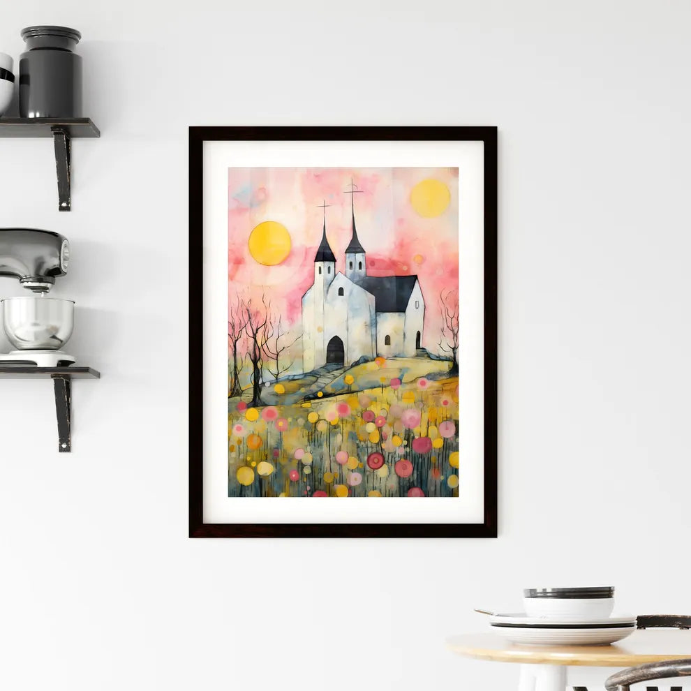 A Poster of the easter church painting - A Painting Of A Church With Trees And Flowers Custom Print