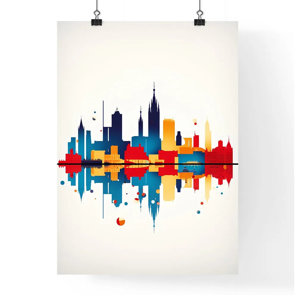 A Poster of minimalist Barcelona skyline - A Colorful City Skyline With Reflection Poster