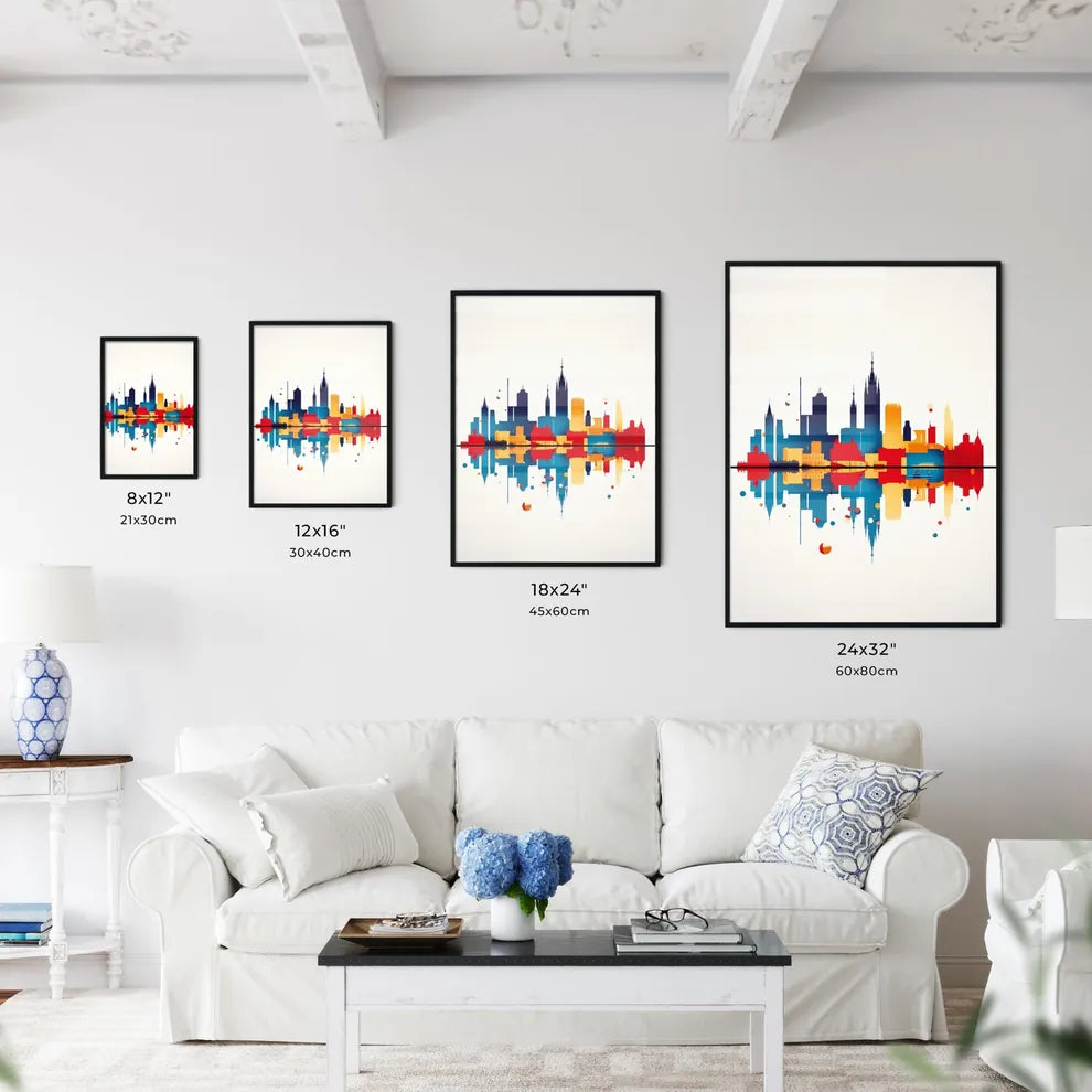 A Poster of minimalist Barcelona skyline - A Colorful City Skyline With Reflection Size Chart