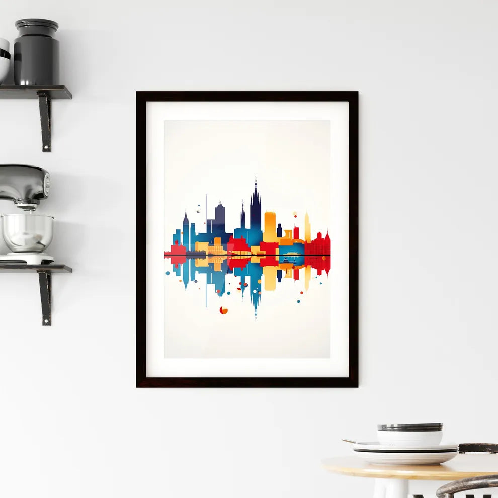 A Poster of minimalist Barcelona skyline - A Colorful City Skyline With Reflection Custom Print