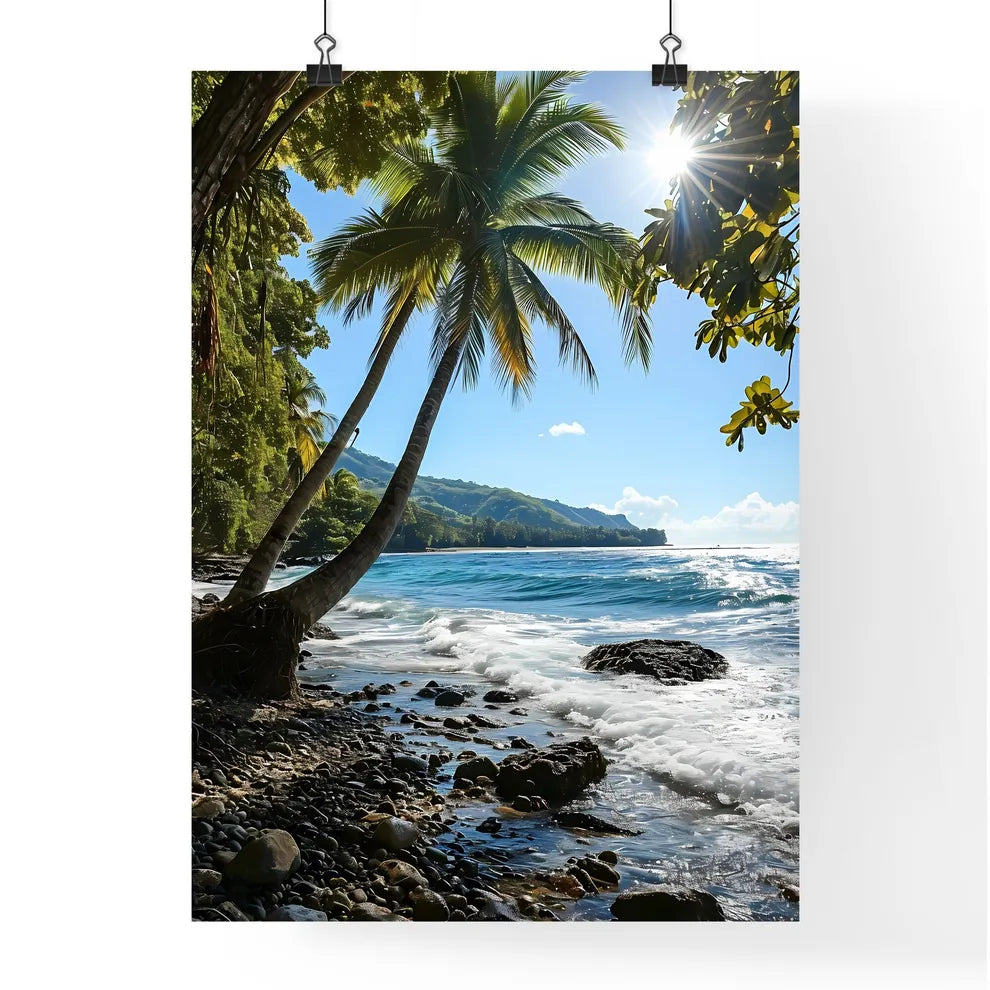 A Poster of two palm trees amidst a blue - A Poster