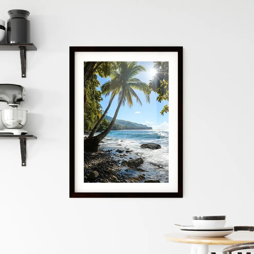 A Poster of two palm trees amidst a blue - A Framed Print