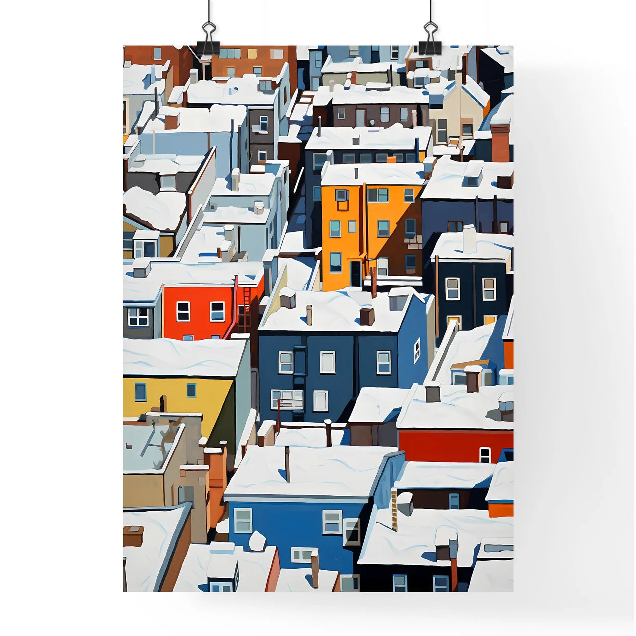 A Poster of snowy new york city roofs seen from above - A Group Of Colorful Buildings Covered In Snow Poster