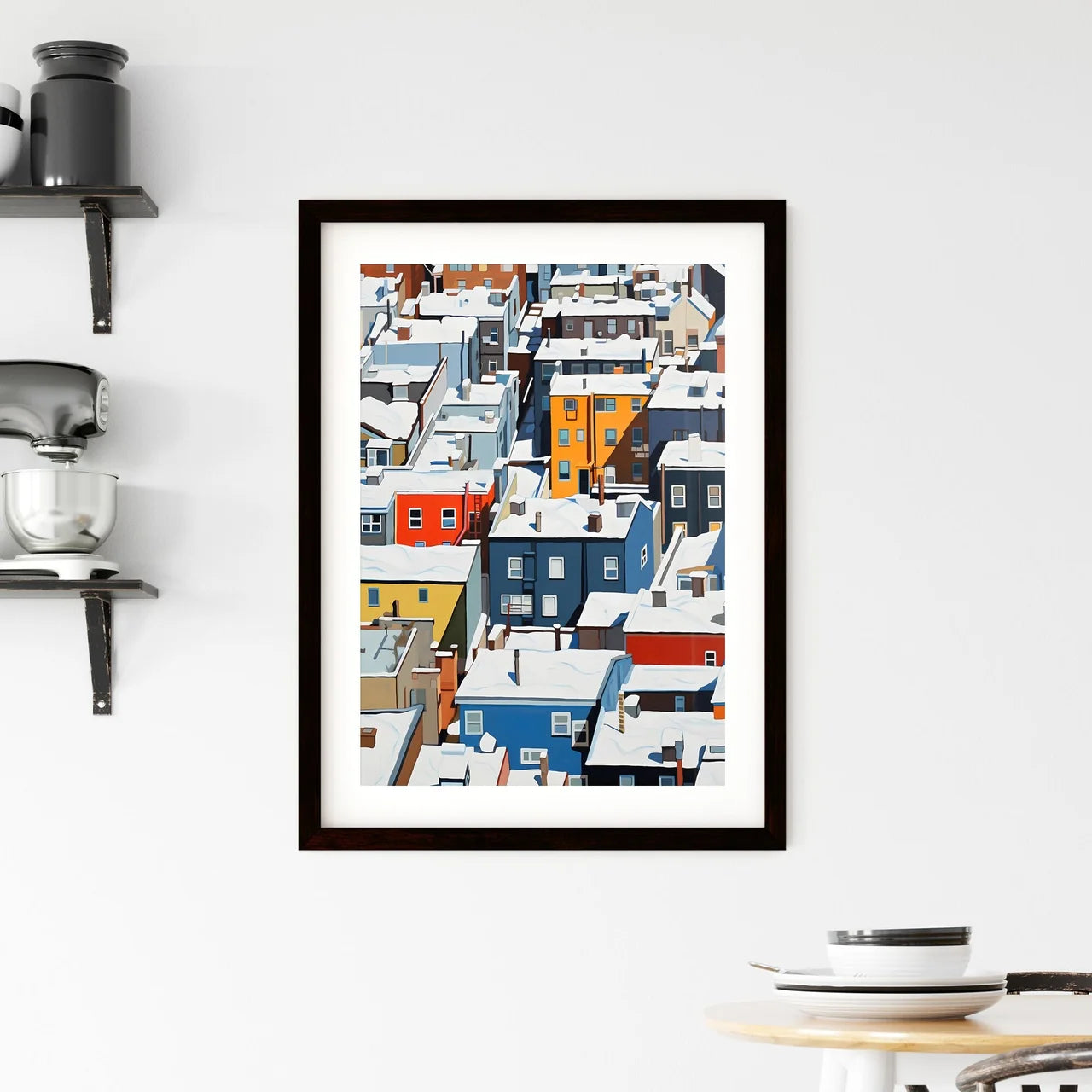 A Poster of snowy new york city roofs seen from above - A Group Of Colorful Buildings Covered In Snow Custom Print