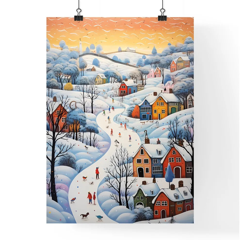 A Poster of snow landscape - A Painting Of A Town With Snow And Trees Poster