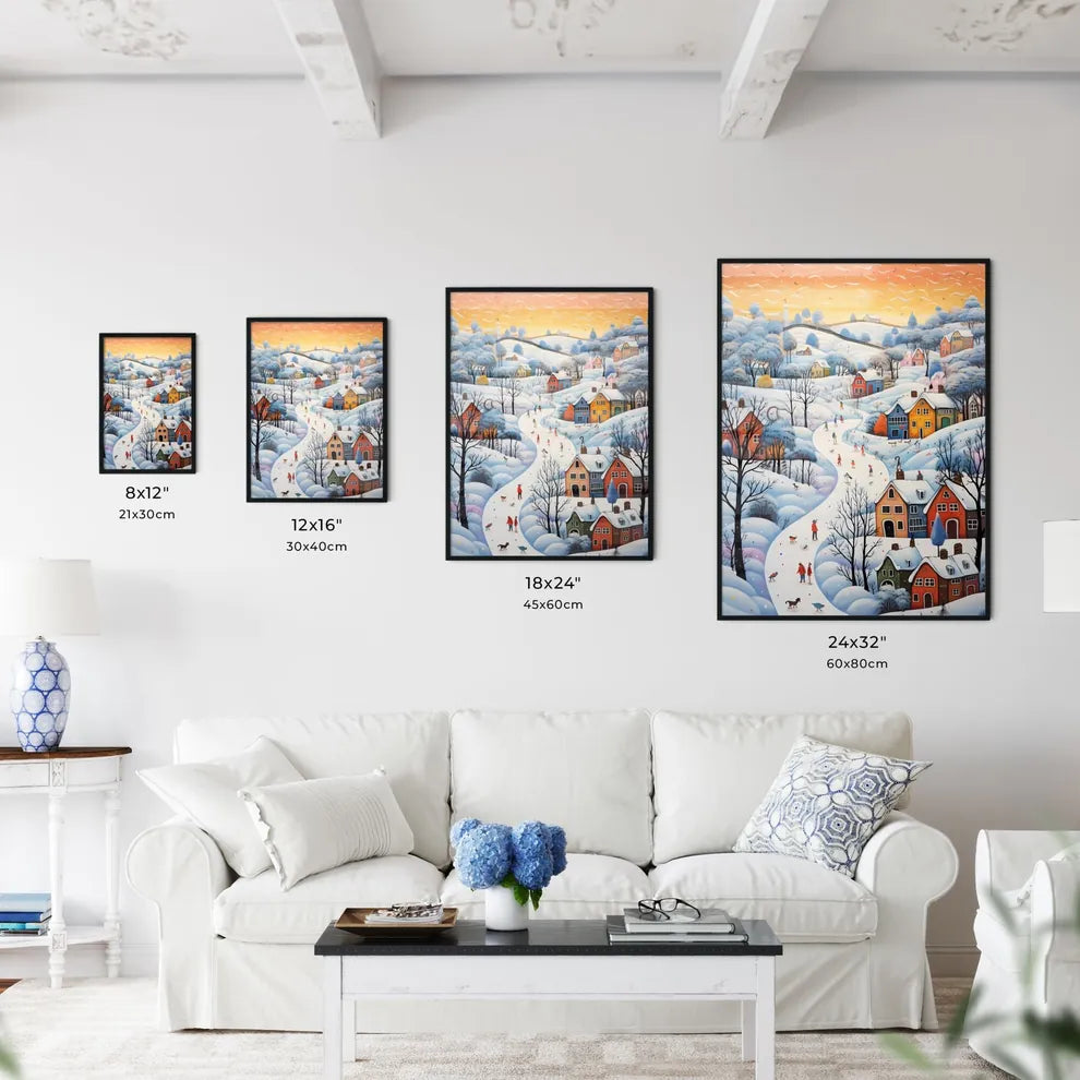A Poster of snow landscape - A Painting Of A Town With Snow And Trees Size Chart
