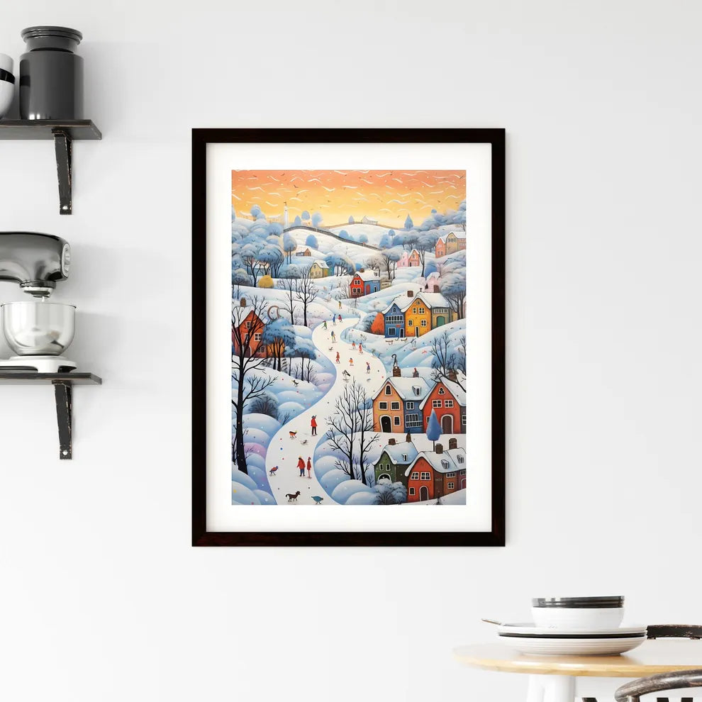 A Poster of snow landscape - A Painting Of A Town With Snow And Trees Custom Print
