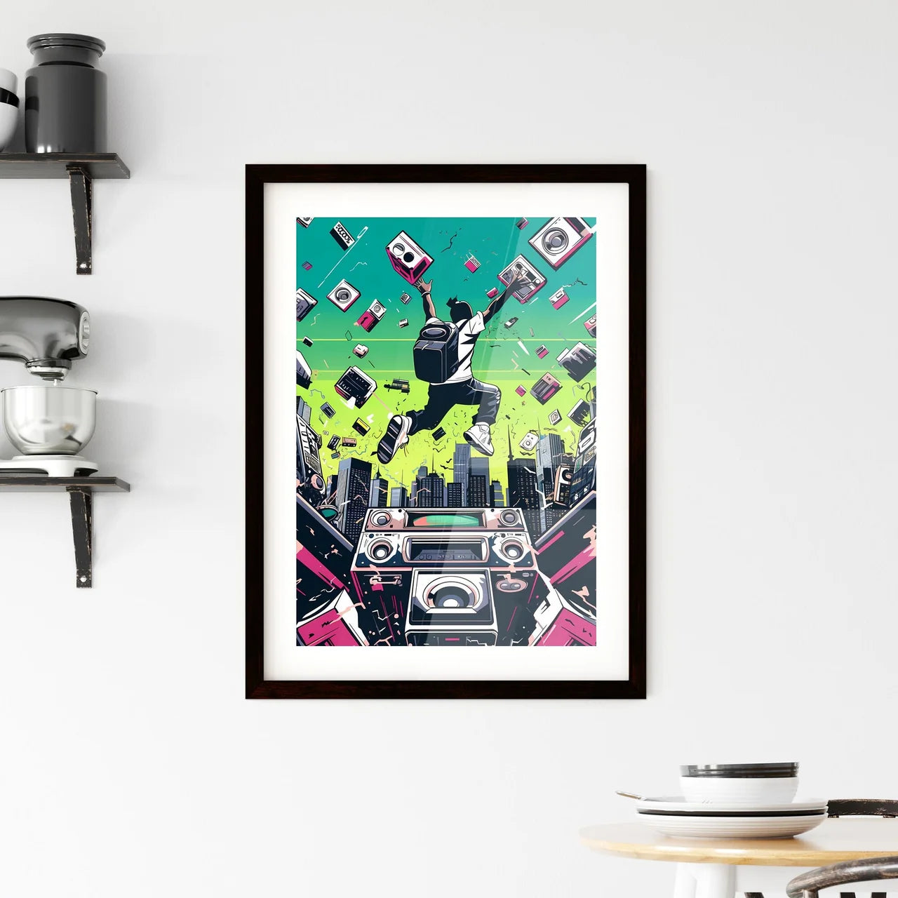 A Poster of an illustration of 80s rap song  Framed Print