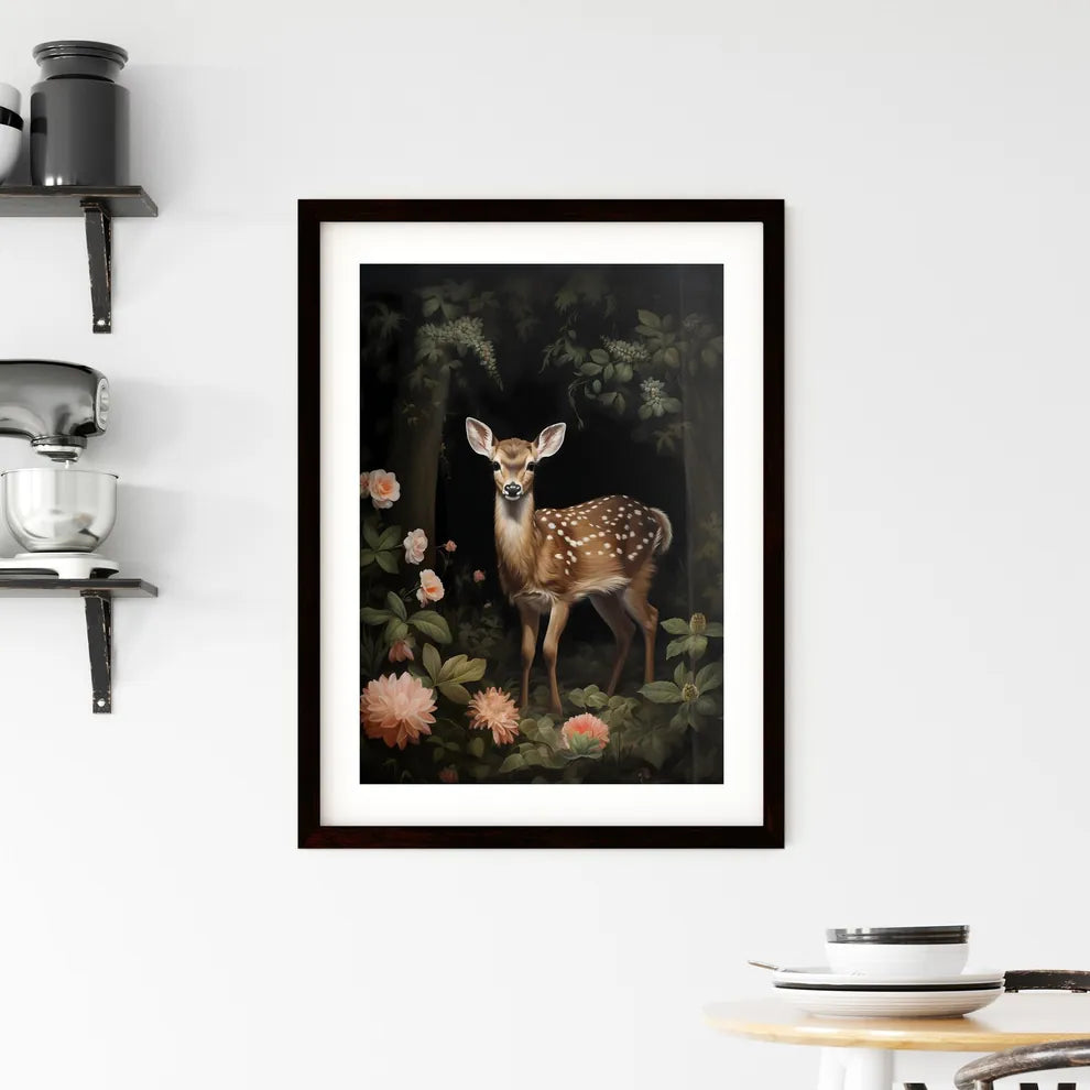 A Poster of a painting of a deer standing in the forest  Framed Print