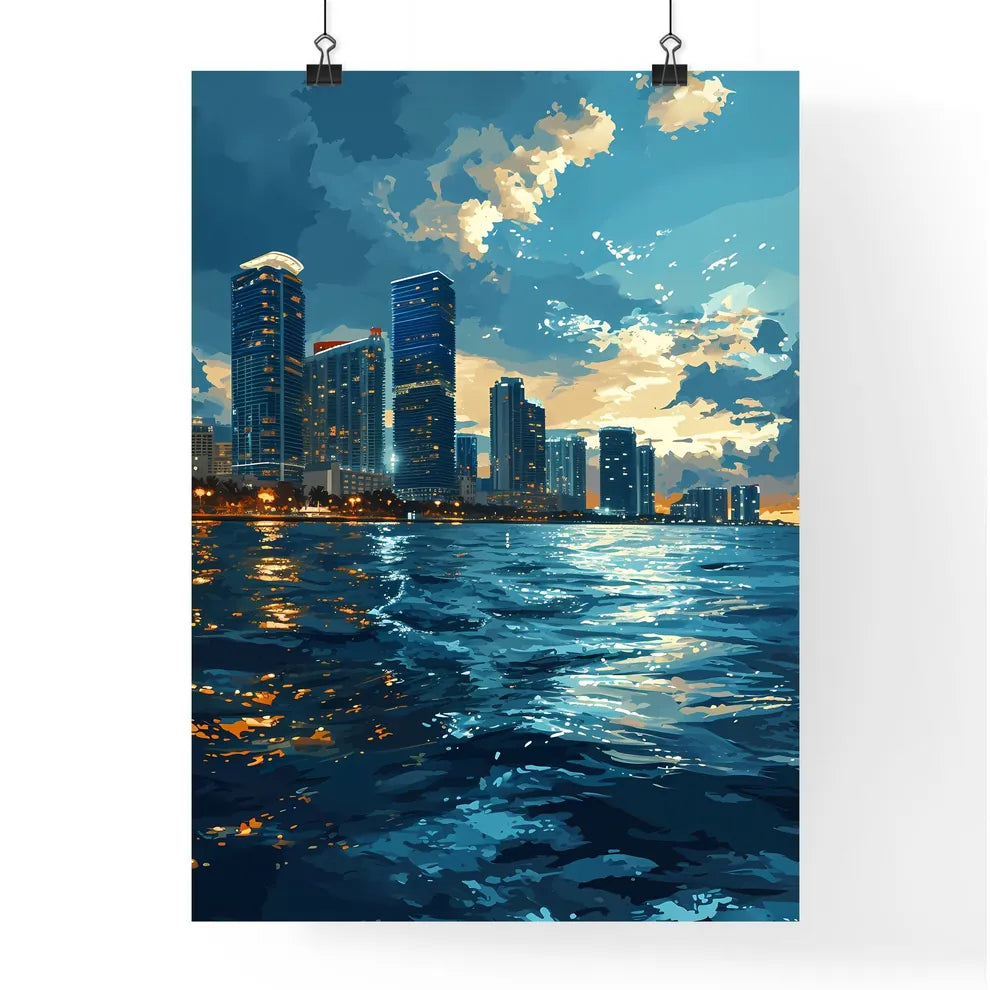 A Poster of Miami Skyline - A City Skyline With Water And Clouds Poster
