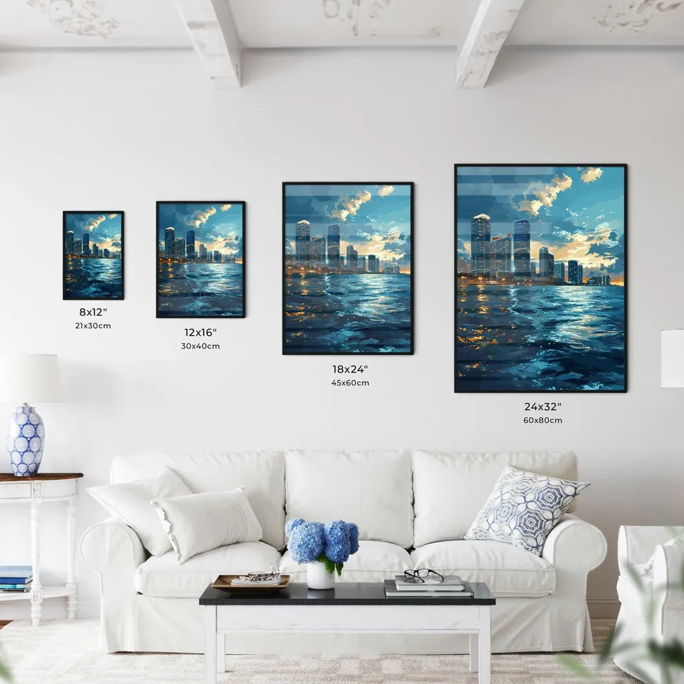 A Poster of Miami Skyline - A City Skyline With Water And Clouds Size Chart