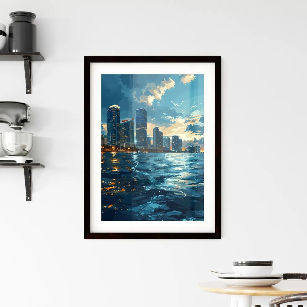 A Poster of Miami Skyline - A City Skyline With Water And Clouds Custom Print