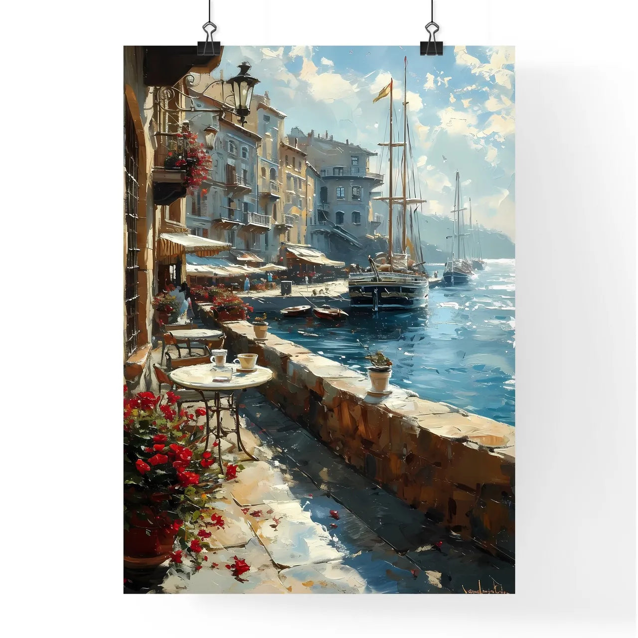 A Poster of A beautiful woman is drinking coffee - A Waterfront With Boats And Tables Poster