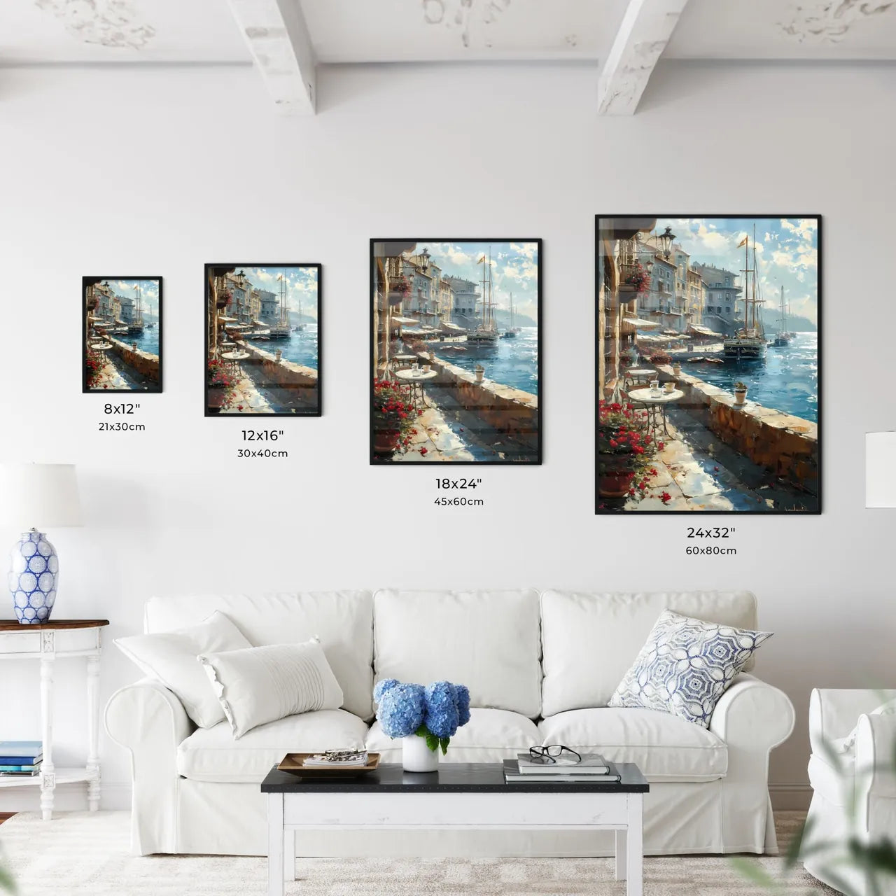 A Poster of A beautiful woman is drinking coffee - A Waterfront With Boats And Tables Size Chart