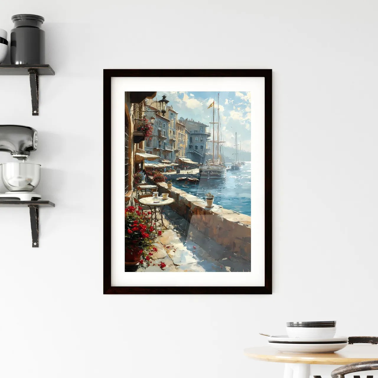 A Poster of A beautiful woman is drinking coffee - A Waterfront With Boats And Tables Custom Print